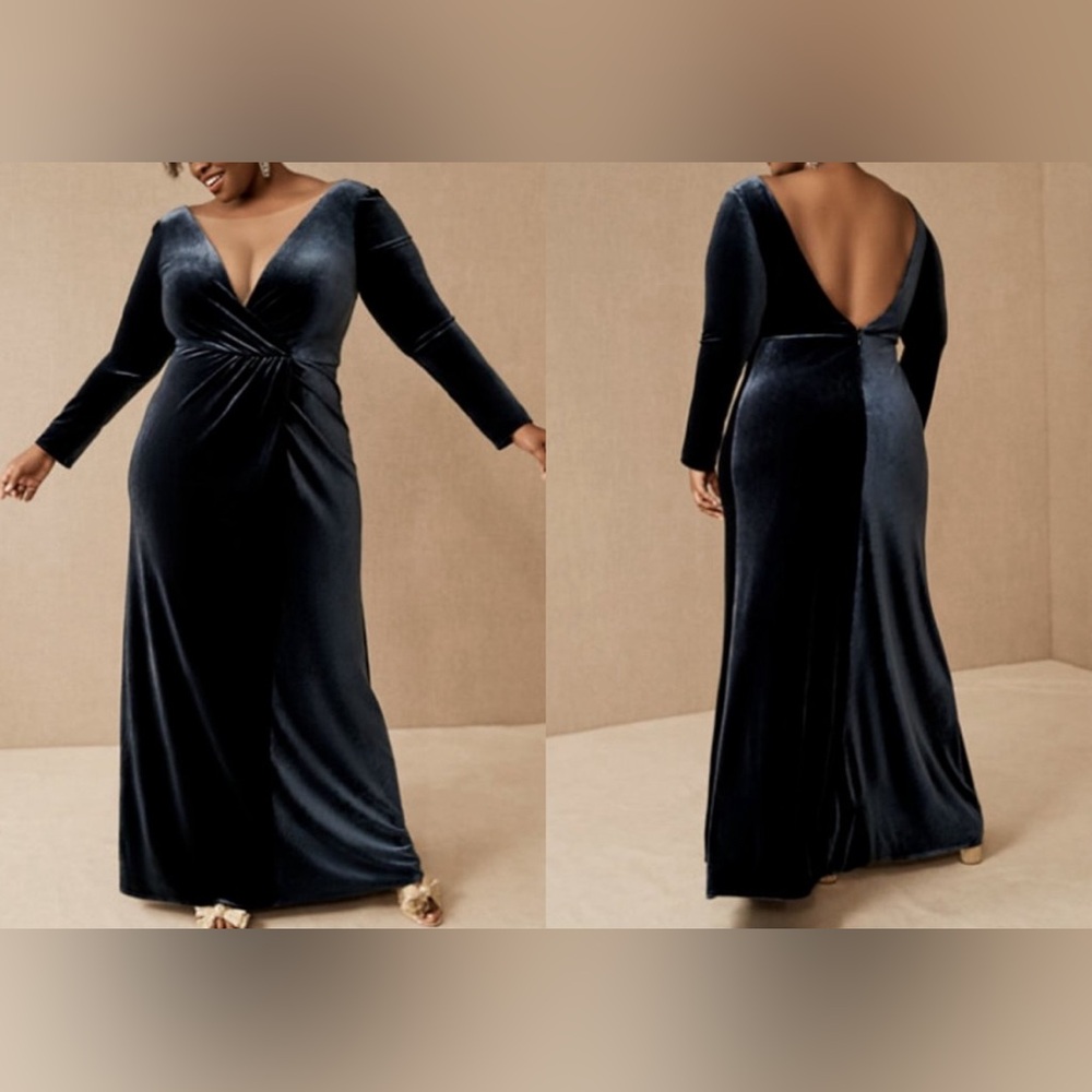 BHLDN Jenny Yoo Ryland V-Neck Long-Sleeve OpenBack Stretch Velvet Gown RARE SIZE